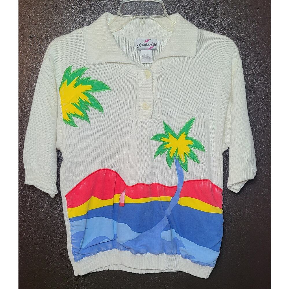Vintage 80s Womens Short Sleeve Sweater Palm Tree Sailboat Beach Small